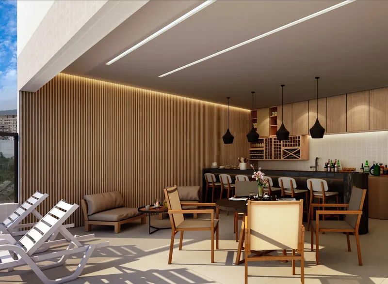 Espaço gourmet ao lado da piscina, com bar, banquetas e espreguiçadeiras