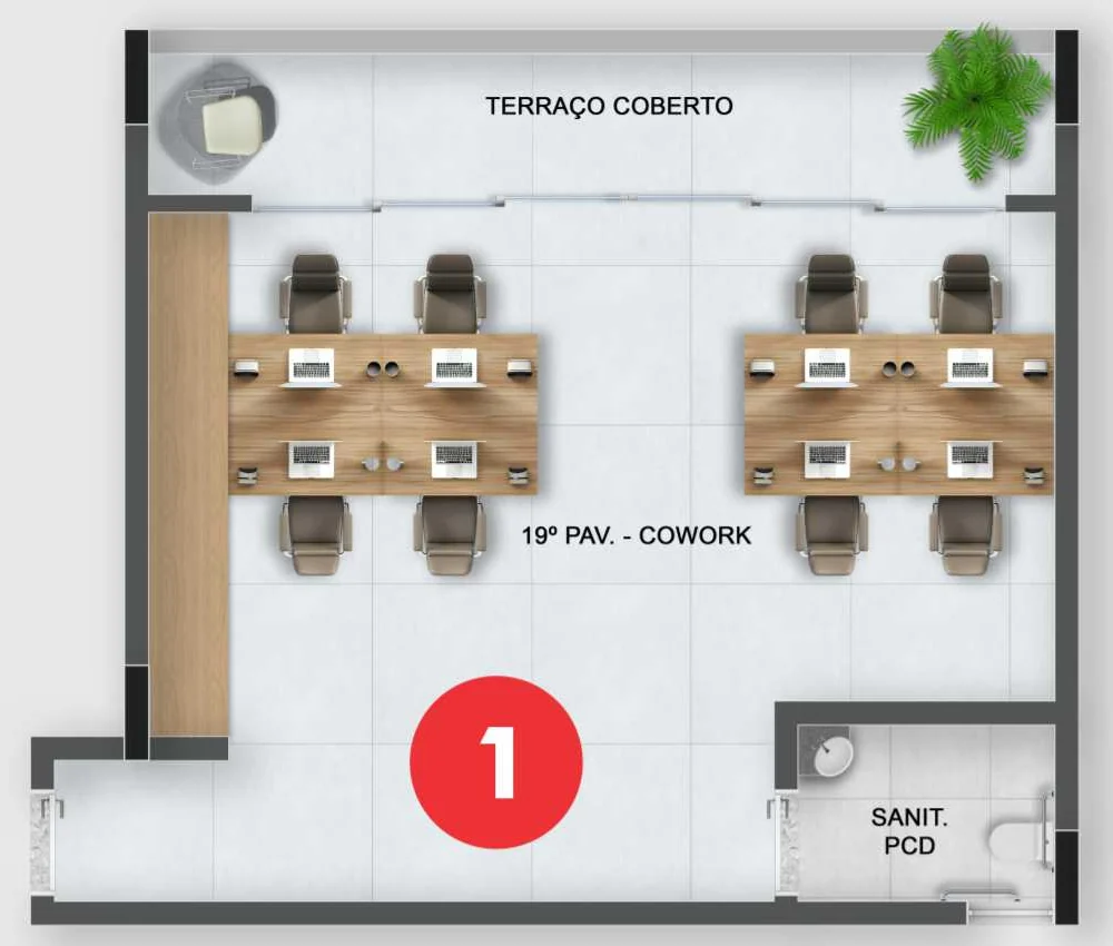Planta do cowork no 19º pavimento, com mesas de trabalho, terraço coberto e sanitário PCD