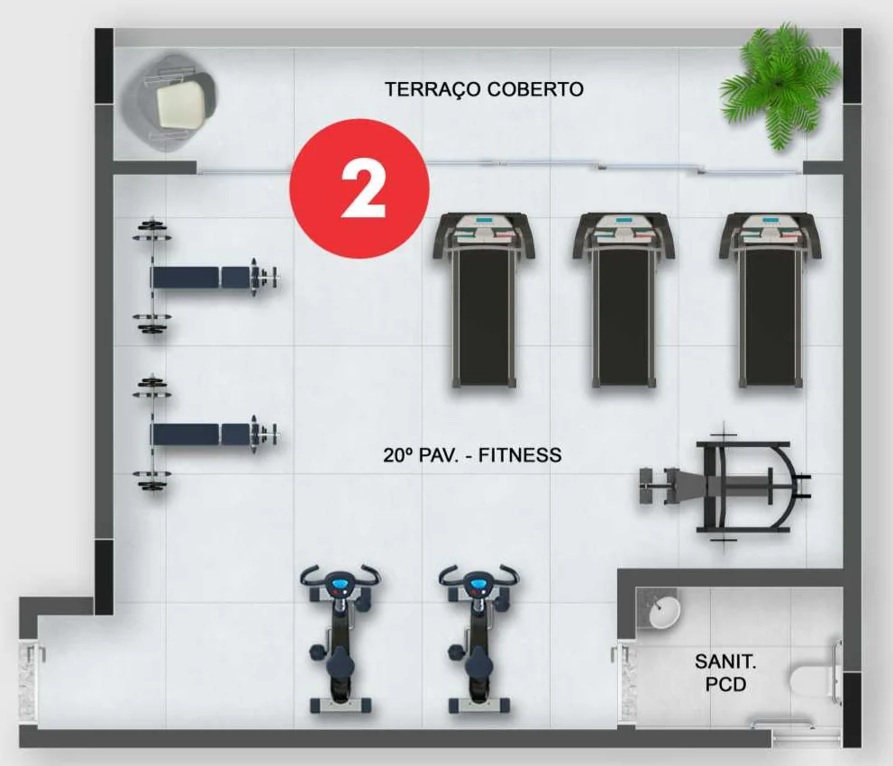 Planta do fitness no 20º pavimento, com esteiras, bicicletas, terraço coberto e sanitário PCD
