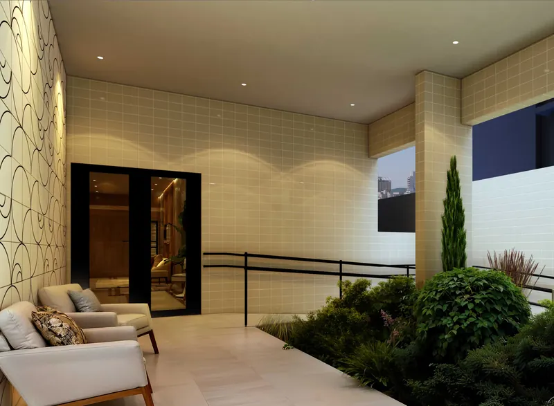 Lounge com poltronas, jardim e iluminação suave