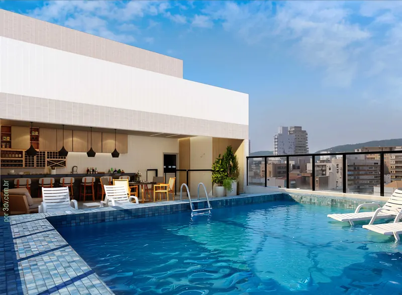 Piscina na cobertura com espreguiçadeiras e vista para a cidade