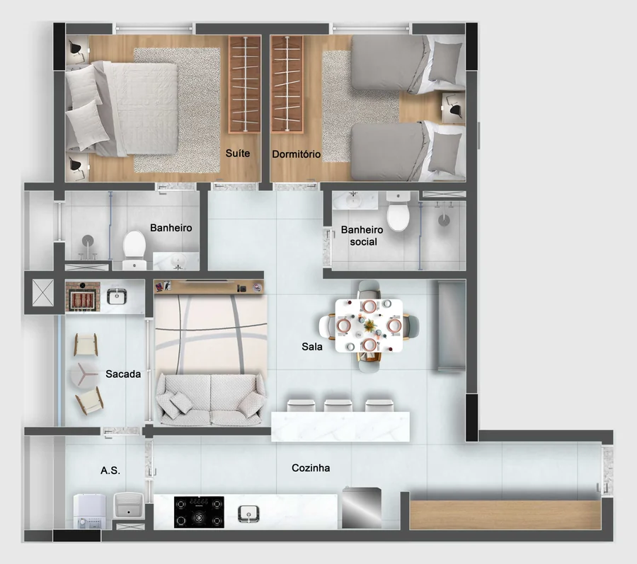 Planta do apartamento tipo 1 com suíte, dormitório, banheiro social, sala, sacada, cozinha e área de serviço