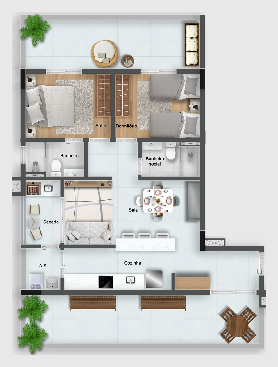 Planta do apartamento Garden tipo 1, com terraço de uso exclusivo ao redor da unidade