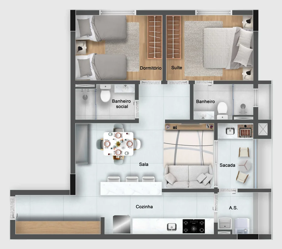 Planta do apartamento tipo 7 com dormitório, suíte, banheiros, sala, sacada, cozinha e área de serviço