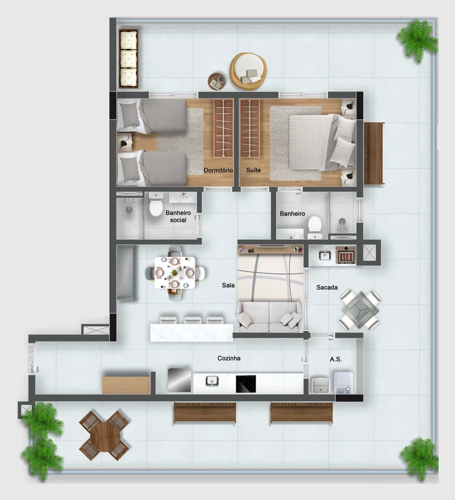 Planta do apartamento Garden tipo 7, com terraço de uso exclusivo ao redor da unidade