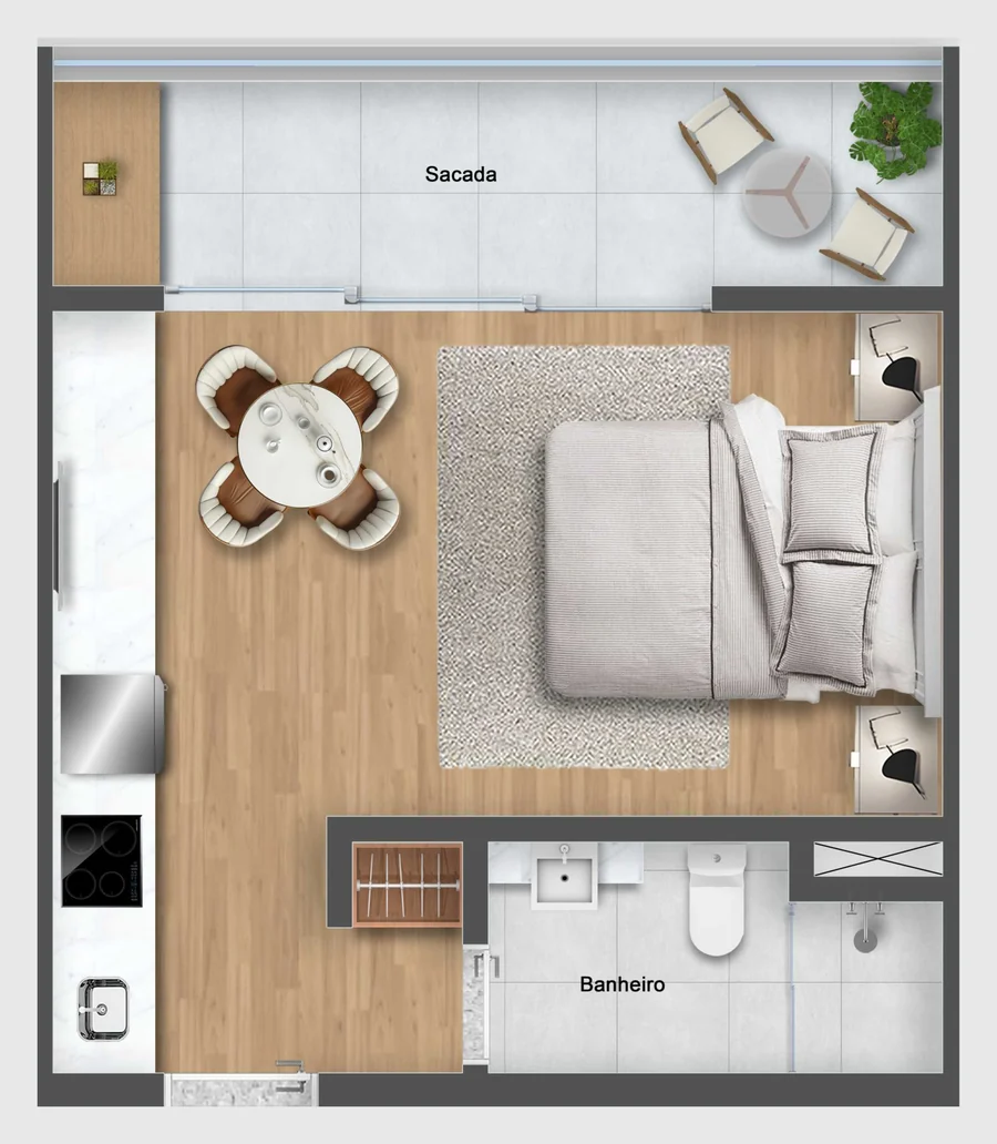 Planta do studio com sacada, mesa de jantar, dormitório, cozinha e banheiro