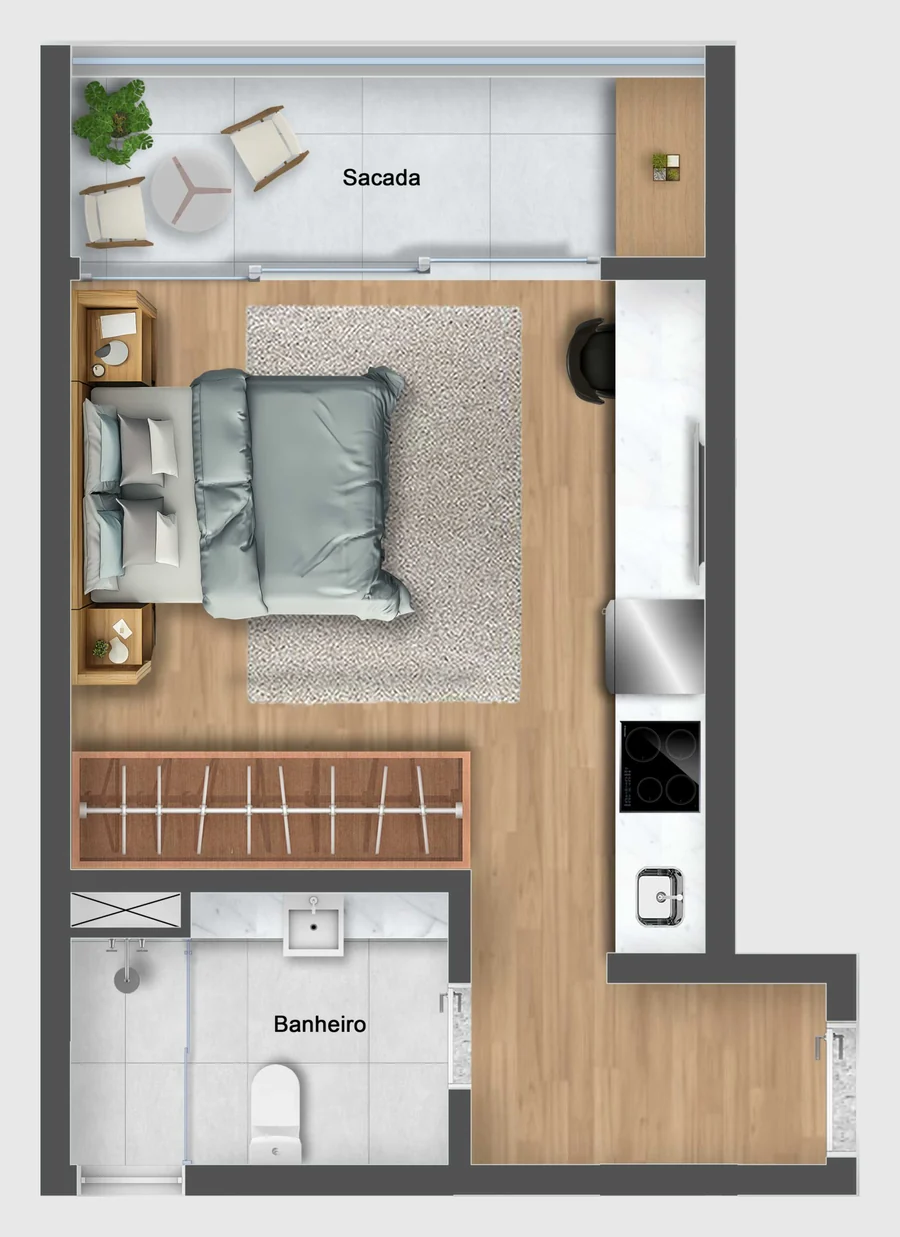 Planta do studio tipo 1 com sacada, dormitório, cozinha e banheiro