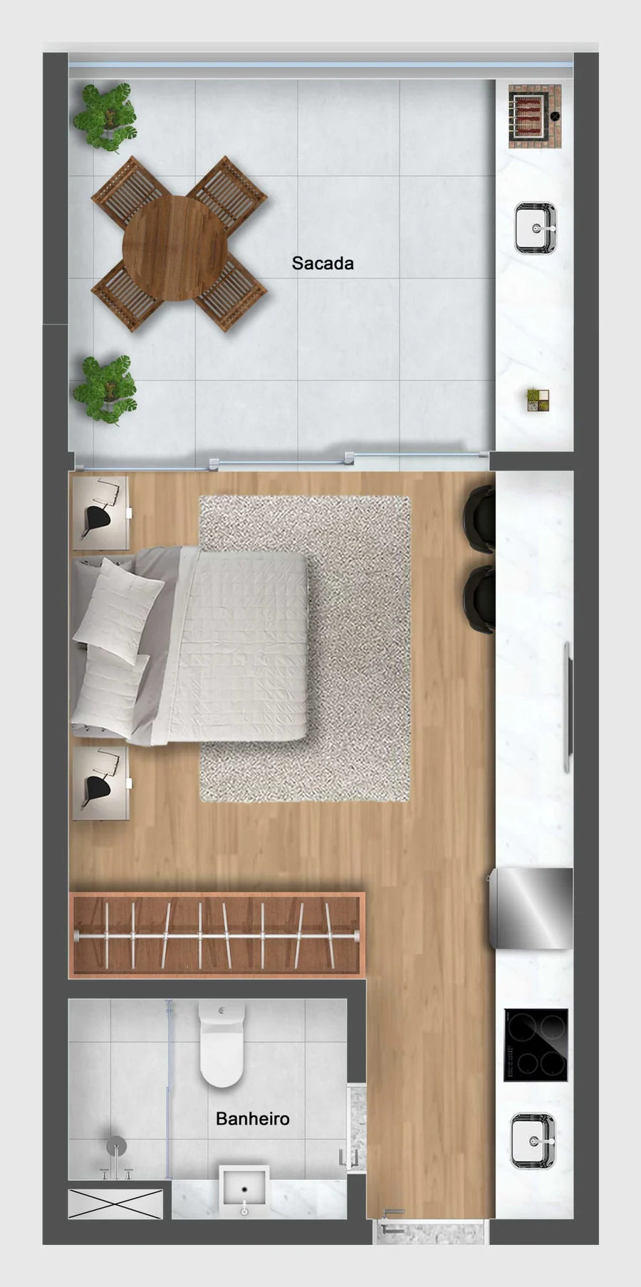 Planta do Studio Garden com sacada ampla, dormitório, cozinha linear e banheiro