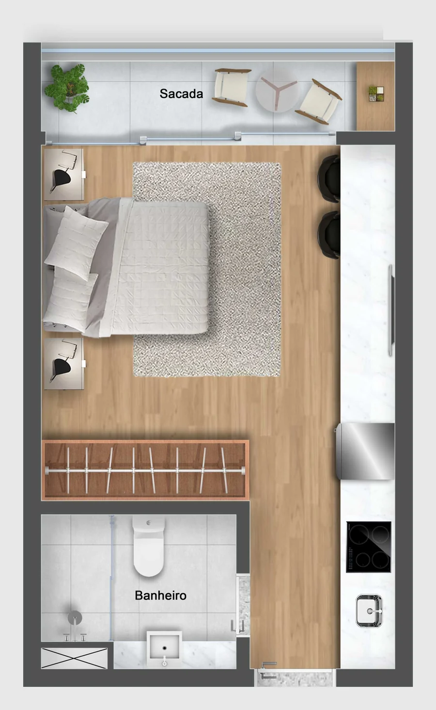 Planta do studio com sacada, dormitório, cozinha linear e banheiro