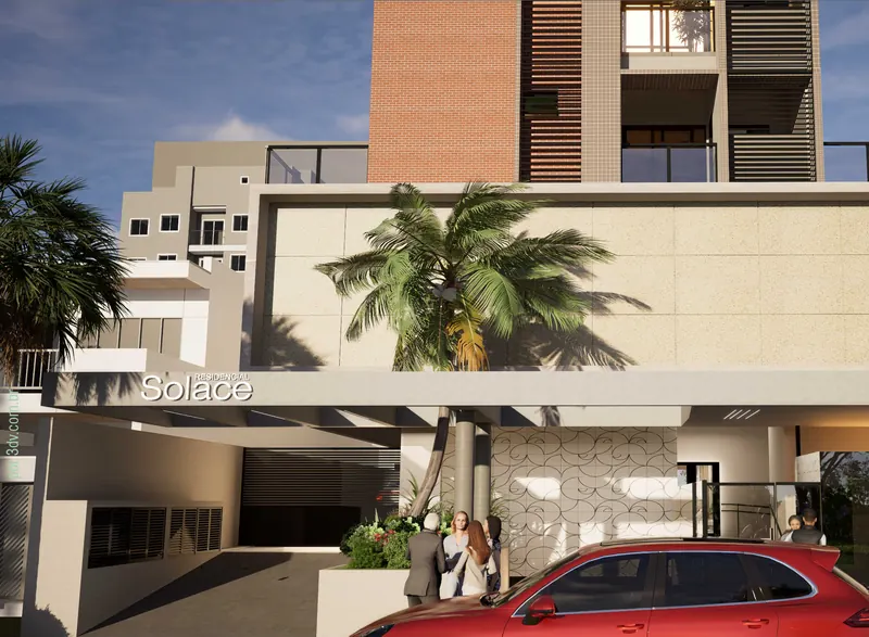 Portaria do Residencial Solace, com letreiro na fachada, palmeira e acesso de veículos