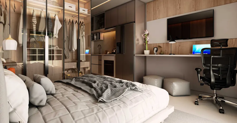 Studio decorado com cama de casal, closet de vidro e bancada de trabalho