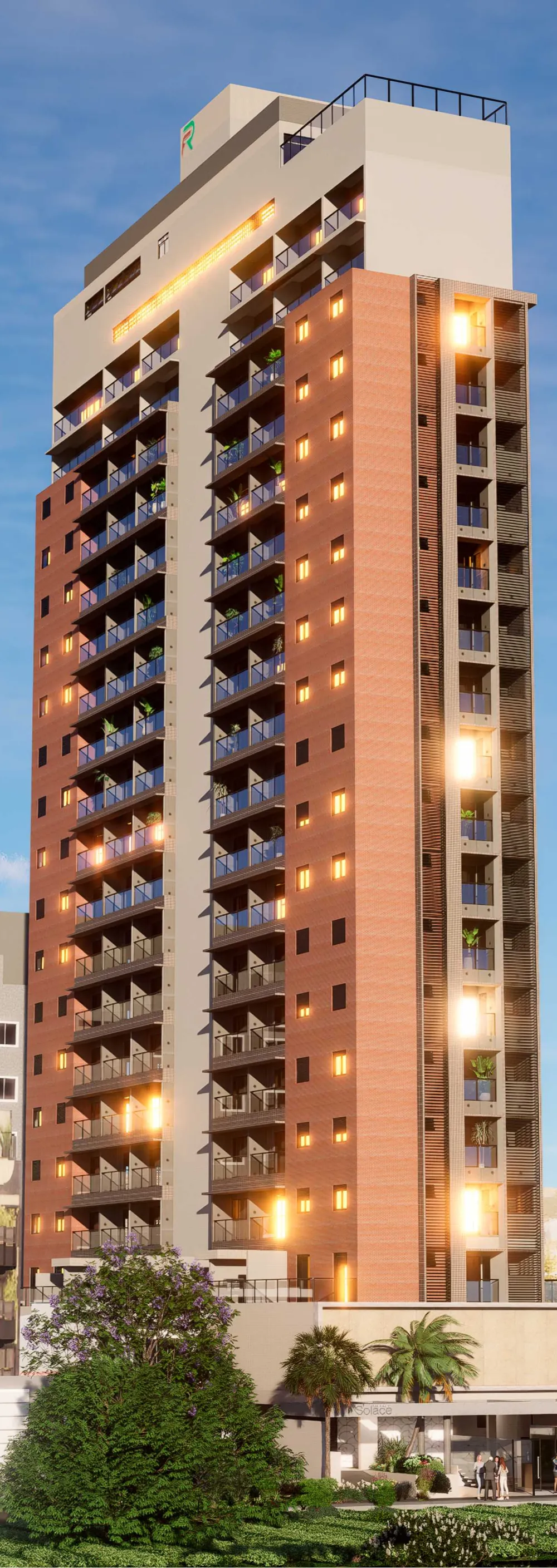 Torre do Residencial Solace ao entardecer, com fachada em tijolo aparente e varandas iluminadas